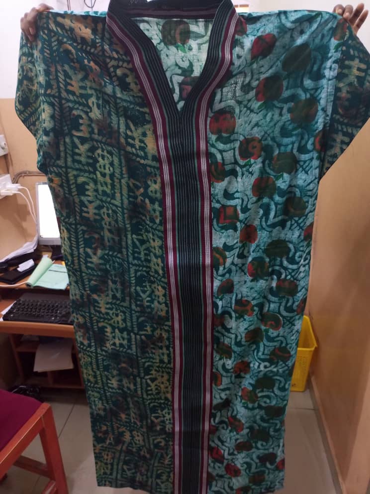 Adire Kaftan Gown with Aso-Oke V-neck